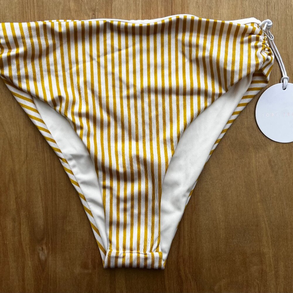 TORI PRAVER SYMONE BOTTOM Women’s Gold White Striped Lined Bikini Bottoms sz S